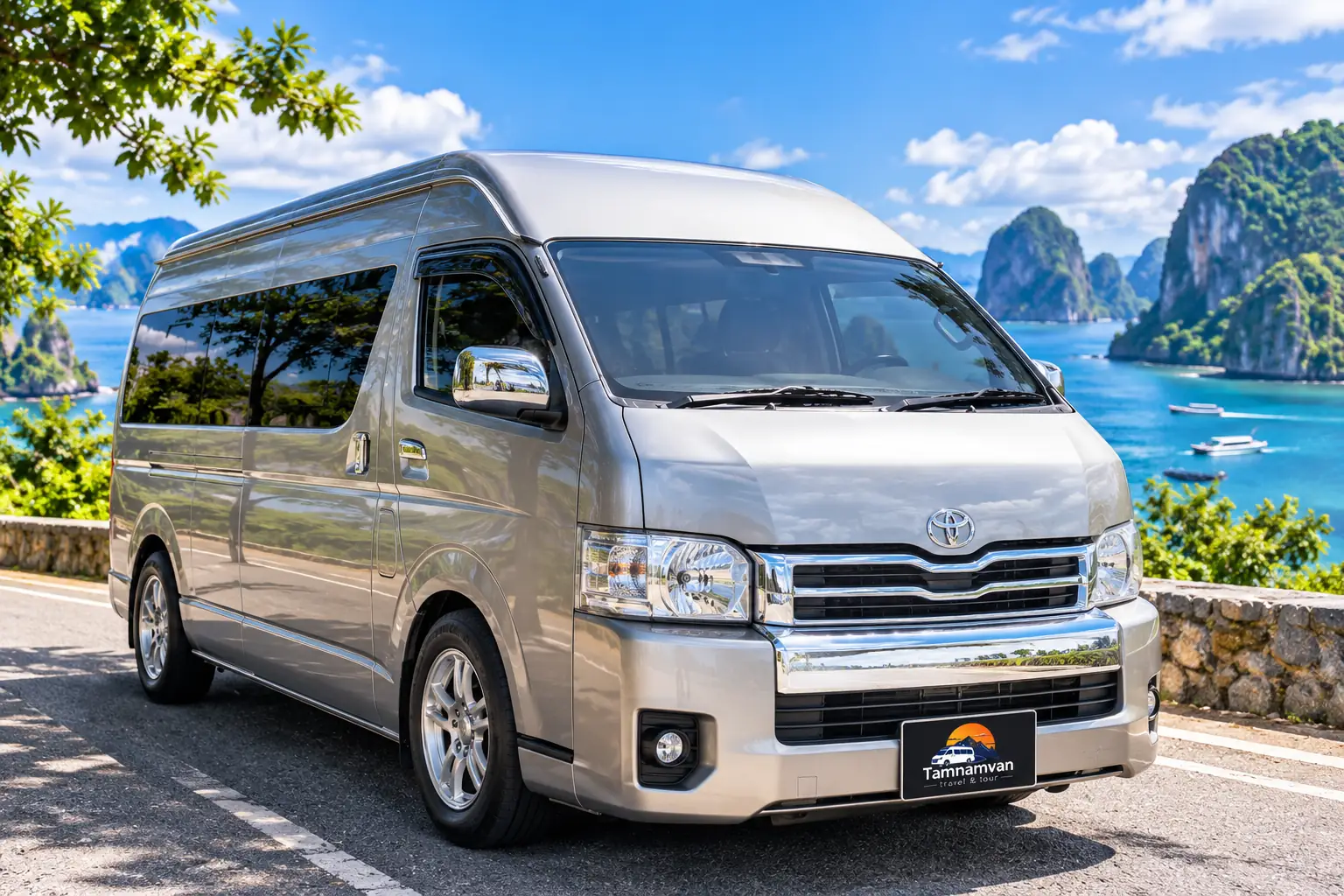 รถตู้ Toyota Commuter ของ Tamnamvan จอดริมทะเลอันดามัน วิวเขาหินปูน